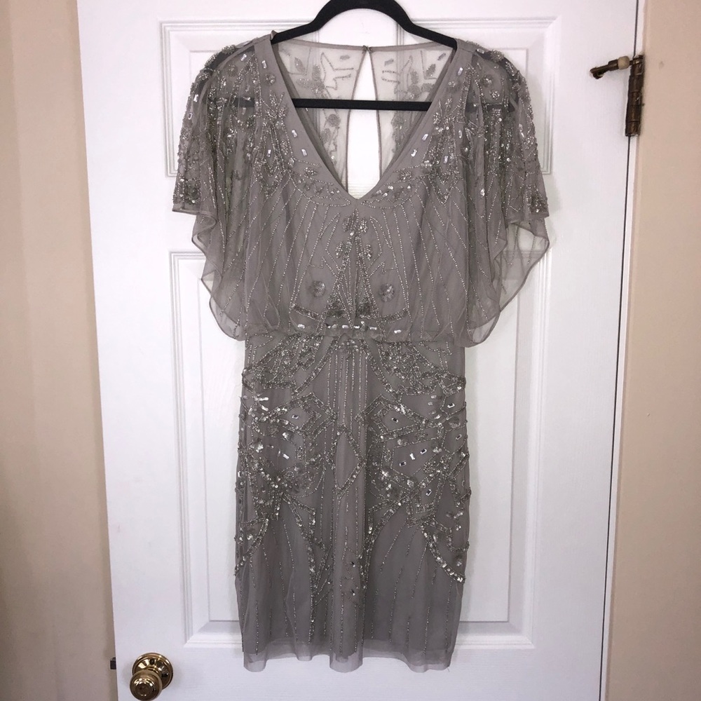 Grey Aidan Mattox beaded flutter sleeve dress